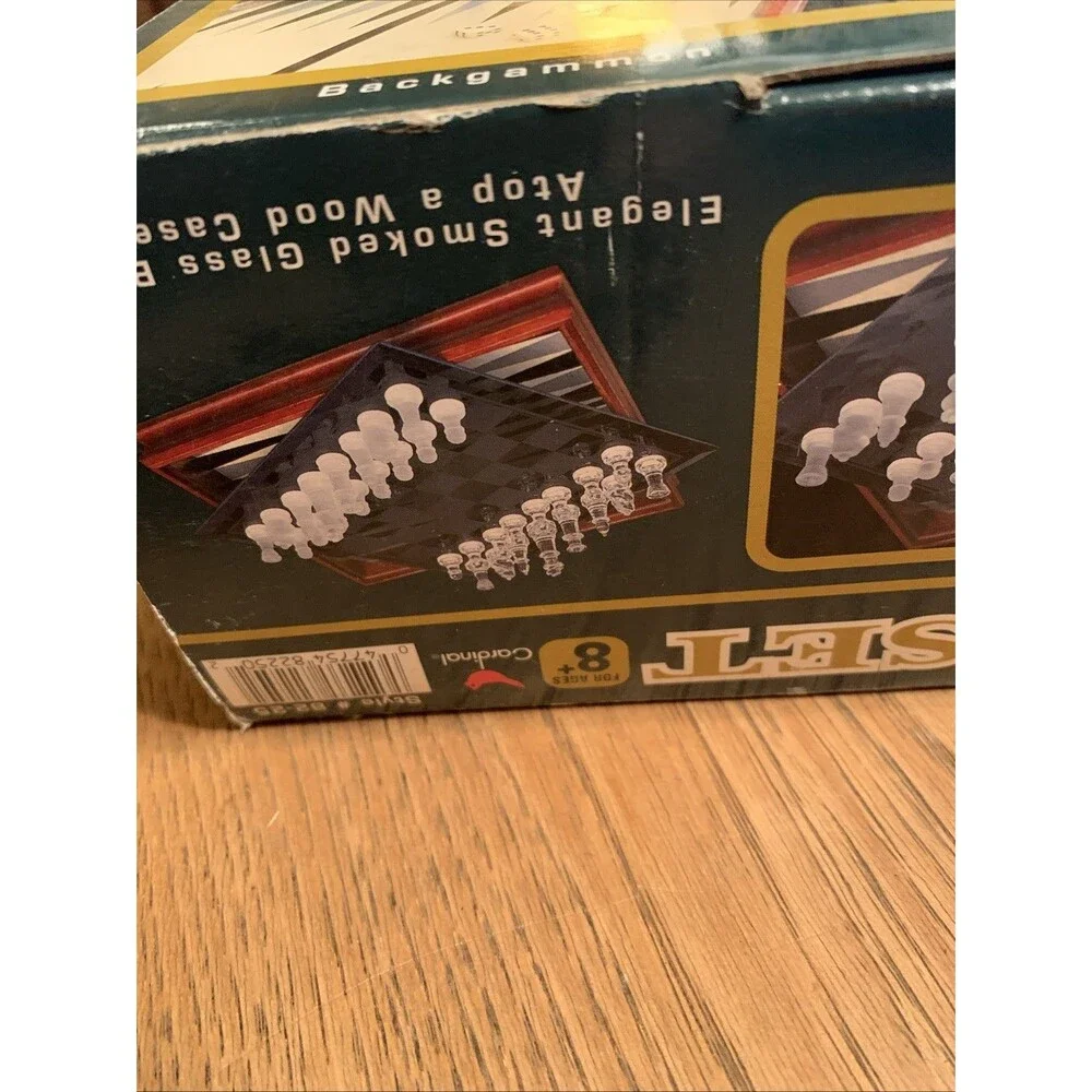 GLASS & WOOD 3 GAME SET CHESS - CHECKERS - BACKGAMMON CARDINAL MODEL 82-25 NOB